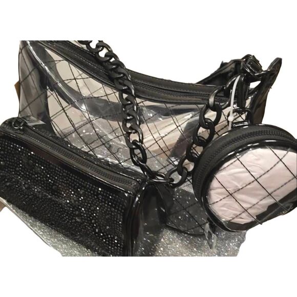 Steve Madden Clear/Black Crossbody Bag w/ Rhinestone Pouch & Round Coin Wallet - Picture 2 of 11